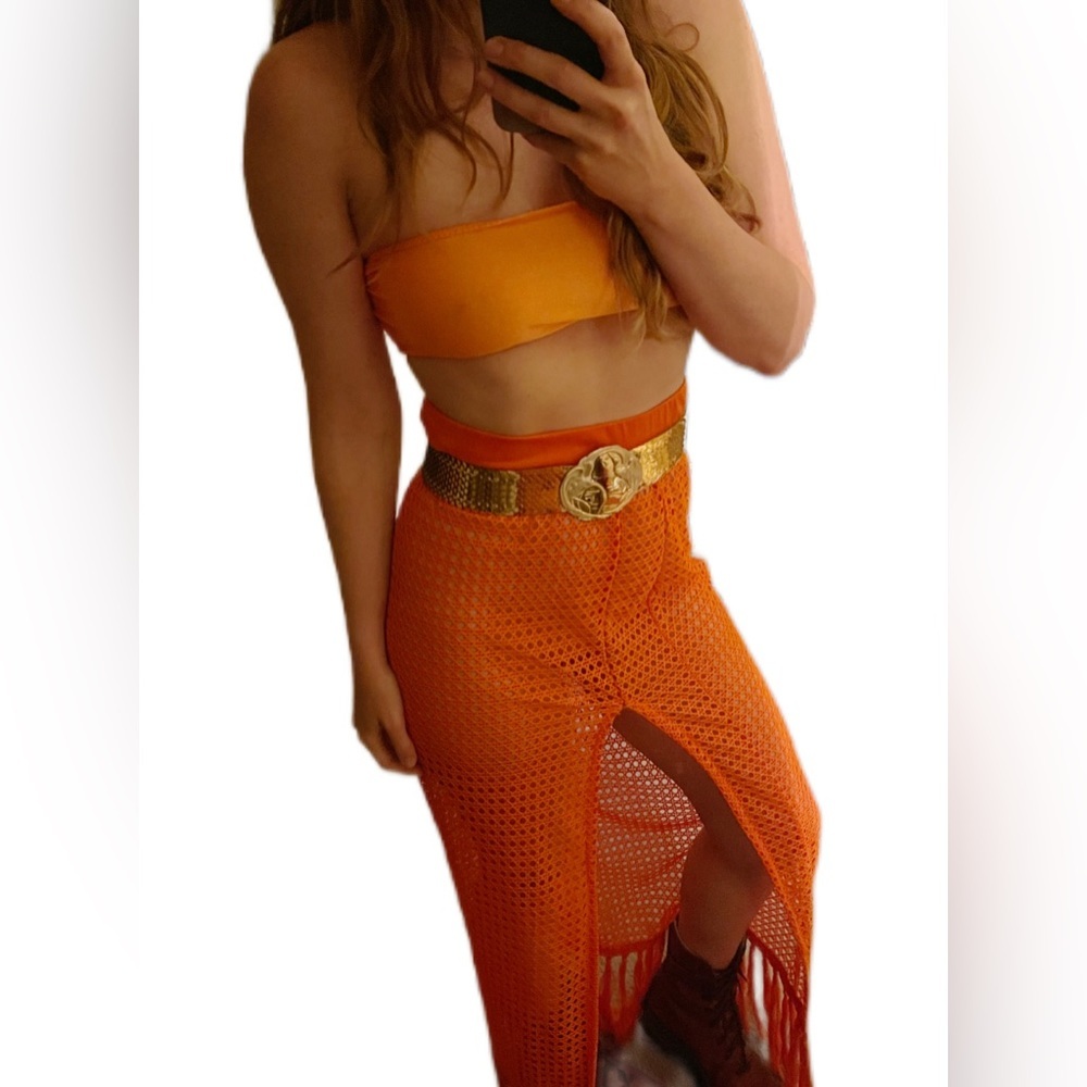 Vintage front slit mesh bright orange fringe bottom maxi sheet cover up skirt
